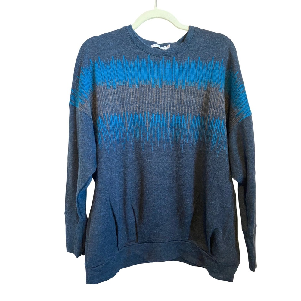 We Norwegians Mens Merino Wool Crewneck Sweater Blue Geometric Large